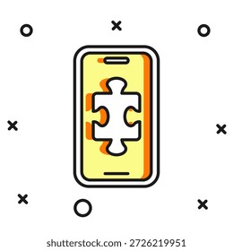 Preenchido contorno Smartphone e jogando no ícone do jogo isolado no fundo branco. Conceito de jogos para portáteis. Estilo de contorno preenchido plano com sombra. Vetor