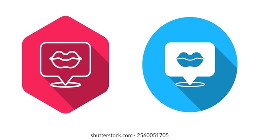 Filled and outline Smiling lips icon isolated with long shadow background. Smile symbol.  Vector