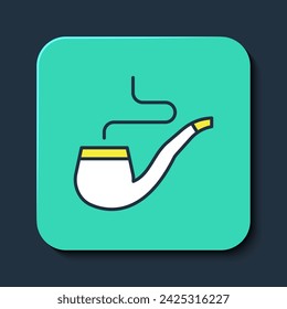 Filled outline Smoking pipe with smoke icon isolated on blue background. Tobacco pipe. Turquoise square button. Vector