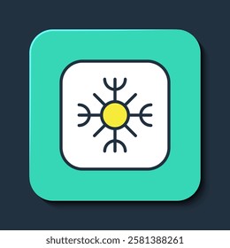 Filled outline Snowflake icon isolated on blue background. Turquoise square button. Vector