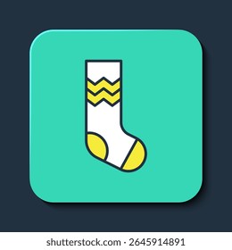 Filled outline Socks icon isolated on blue background. Turquoise square button. Vector