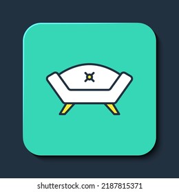 Filled outline Sofa icon isolated on blue background. Turquoise square button. Vector