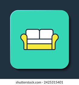 Filled outline Sofa icon isolated on blue background. Turquoise square button. Vector