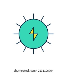 Esquema relleno Icono del panel de energía solar aislado en fondo blanco. Sol con símbolo de relámpago.  Vector