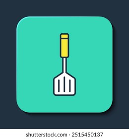 Filled outline Spatula icon isolated on blue background. Kitchen spatula icon. BBQ spatula sign. Barbecue and grill tool. Turquoise square button. Vector