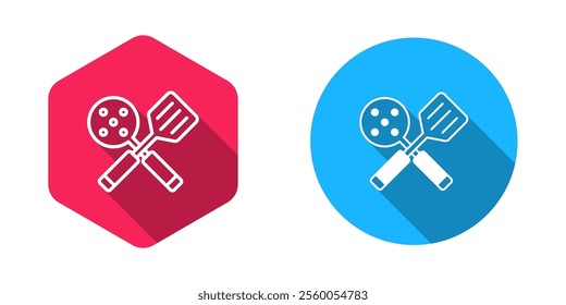 Filled and outline Spatula icon isolated with long shadow background. Kitchen spatula icon. BBQ spatula sign. Barbecue and grill tool.  Vector