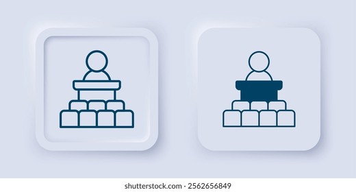 Filled and outline Speaker icon isolated on grey background. Orator speaking from tribune. Public speech. Person on podium. Square button. Vector
