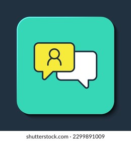Filled outline Speech bubble chat icon isolated on blue background. Message icon. Communication or comment chat symbol. Turquoise square button. Vector