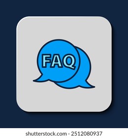 Filled outline Speech bubble with text FAQ information icon isolated on blue background. Circle button with text FAQ.  Vector