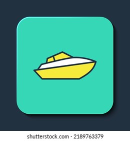 Filled outline Speedboat icon isolated on blue background. Turquoise square button. Vector