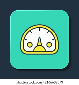 Filled outline Speedometer icon isolated on blue background. Turquoise square button. Vector