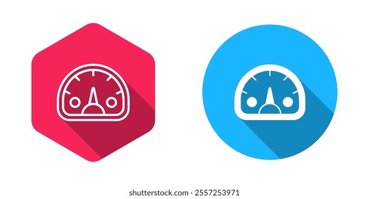 Filled and outline Speedometer icon isolated with long shadow background.  Vector