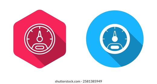 Filled and outline Speedometer icon isolated with long shadow background.  Vector