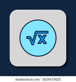 Contorno preenchido Raiz quadrada do ícone de x glifo isolado no fundo azul. Expressão matemática.  Vetor