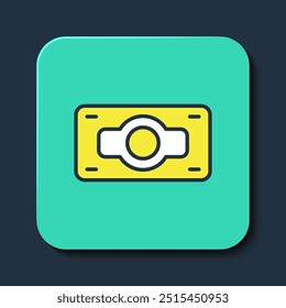 Filled outline Stacks paper money cash icon isolated on blue background. Money banknotes stacks. Bill currency. Turquoise square button. Vector