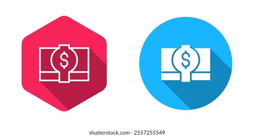 Filled and outline Stacks paper money cash icon isolated with long shadow background. Money banknotes stacks. Bill currency.  Vector