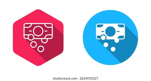 Filled and outline Stacks paper money cash icon isolated with long shadow background. Money banknotes stacks. Bill currency.  Vector