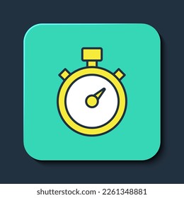 Filled outline Stopwatch icon isolated on blue background. Time timer sign. Chronometer sign. Turquoise square button. Vector