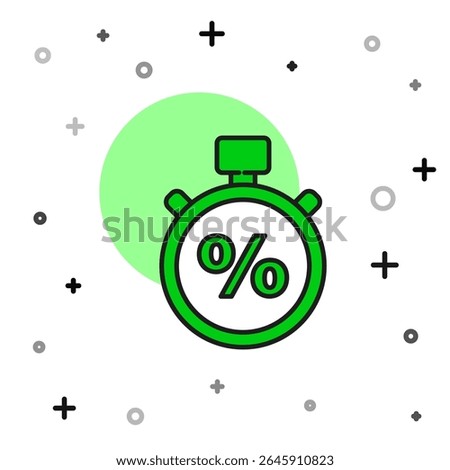 Filled outline Stopwatch and percent icon isolated on white background. Time timer sign.  Vector