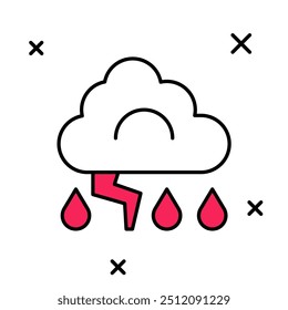Filled outline Storm icon isolated on white background. Cloud and lightning sign. Weather icon of storm.  Vector