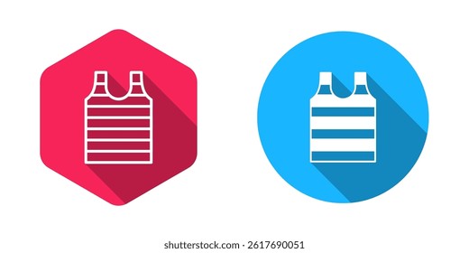 Filled and outline Striped sailor t-shirt icon isolated with long shadow background. Marine object.  Vector