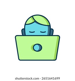 Filled outline Student working at laptop icon isolated on white background. Workplace concept. Flat filled outline style with shadow. Vector