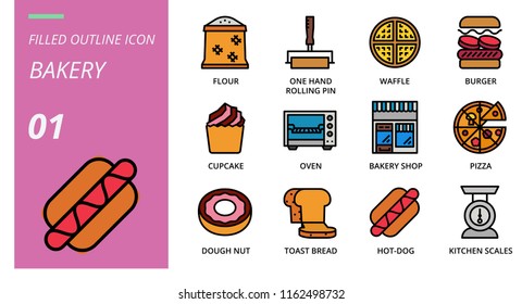 Filled outline style icon pack for bakey, balance, milk, chef hat, peeler, oven, syrup, fork, measuring spoons, spatula, measuring cup, mixer, ice cream toast.