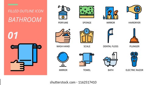 Filled outline style icon pack for bathroom, perfume, sponge, mirror, hairdryer, wash hand, scale, dental floss, plunger, mirror, towel, bath, electric razor.