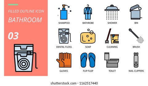 Filled outline style icon pack for bathroom, shampoo, bathrobe, shower, bin, dental floss, soap, cleaning, brush, gloves, flip flop, toilet, nail clippers.