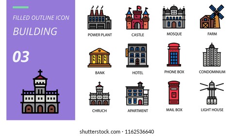 Filled outline style icon pack for building,  power plant, castle, mosque, farm, bank, hotel, phone box, condominium, church, apartment, mailbox, light house