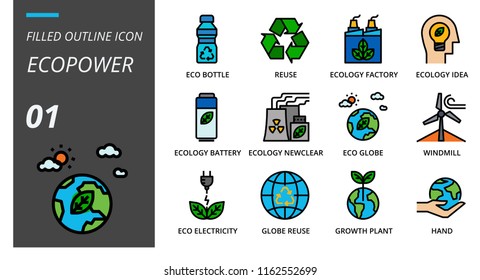 Filled outline style icon pack for ecopower, eco bottle, reuse, ecology, factory, ecology idea, ecology battery, ecology nuclear, eco globe, windmill,eco electricity, globe reuse, growth plant, hand