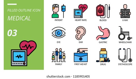 Filled outline style icon pack for medical, patient, heart rate, blood, x-ray, eye, ear, gastric, wheelchair, family, first aid kit, drug, stethoscope