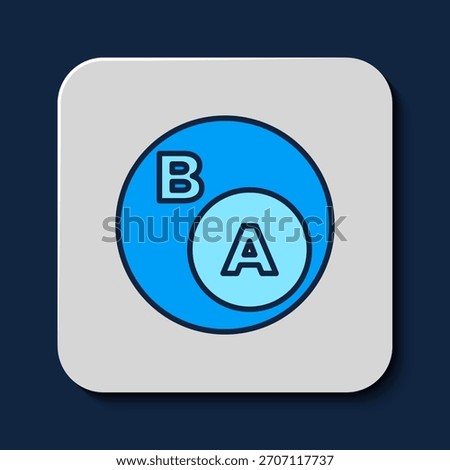 Filled outline Subsets, mathematics, a is subset of b icon isolated on blue background.  Vector