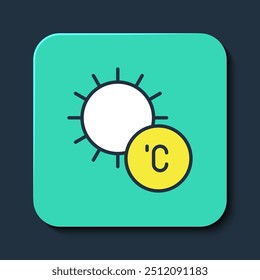 Filled outline Sun icon isolated on blue background. Turquoise square button. Vector