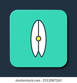 Filled outline Surfboard icon isolated on blue background. Surfing board. Extreme sport. Sport equipment. Turquoise square button. Vector