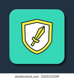 Filled outline Sword for game icon isolated on blue background. Turquoise square button. Vector