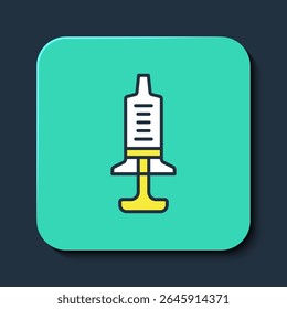 Filled outline Syringe icon isolated on blue background. Syringe for vaccine, vaccination, injection, flu shot. Medical equipment. Turquoise square button. Vector