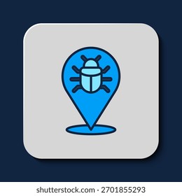 Descrição preenchida Ícone de conceito de bug do sistema isolado no fundo azul. Conceito de bug de código. Erro no sistema. Busca de erros.  Vetor