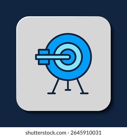 Filled outline Target with arrow icon isolated on blue background. Dart board sign. Archery board icon. Dartboard sign. Business goal concept.  Vector