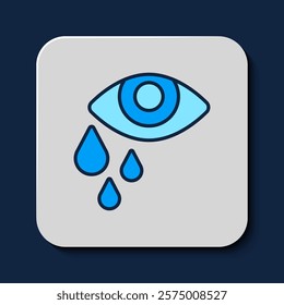 Filled outline Tear cry eye icon isolated on blue background.  Vector