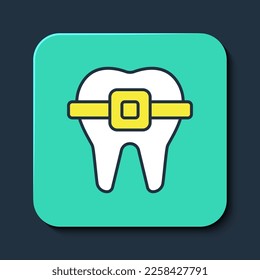 Filled outline Teeth with braces icon isolated on blue background. Alignment of bite of teeth, dental row with with braces. Dental concept. Turquoise square button. Vector