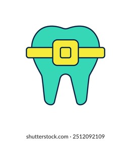 Dientes con el icono de los tirantes aislados en el fondo blanco. Alineación de mordida de dientes, fila dental con brackets. Concepto dental.  Vector