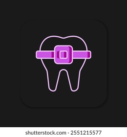 Dientes con el icono de los tirantes aislados en el fondo negro. Alineación de mordida de dientes, fila dental con brackets. Concepto dental. Estilo de contorno relleno plano con sombra. Vector