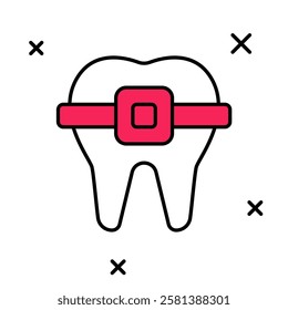 Filled outline Teeth with braces icon isolated on white background. Alignment of bite of teeth, dental row with with braces. Dental concept.  Vector