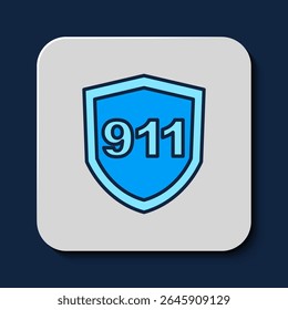 Preenchido esboço Telefone com chamada de emergência 911 ícone isolado no fundo azul. Polícia, ambulância, Corpo de Bombeiros, telefone.  Vetor