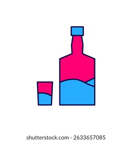 Filled outline Tequila bottle and shot glass icon isolated on white background. Mexican alcohol drink.  Vector