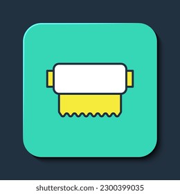 Filled outline Textile fabric roll icon isolated on blue background. Roll, mat, rug, cloth, carpet or paper roll icon. Turquoise square button. Vector