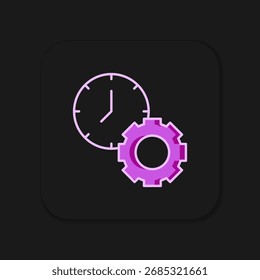 Esquema lleno Icono de gestión de tiempo aislado sobre fondo negro. Reloj y señal de marcha. Símbolo de productividad. Estilo de contorno relleno plano con sombra. Vector