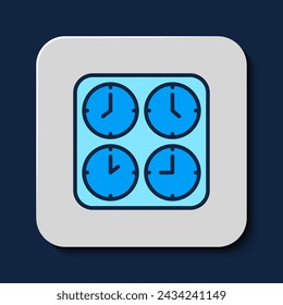 Filled outline Time zone clocks icon isolated on blue background.  Vector