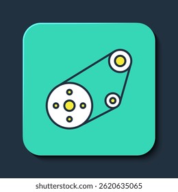 Filled outline Timing belt kit icon isolated on blue background. Turquoise square button. Vector